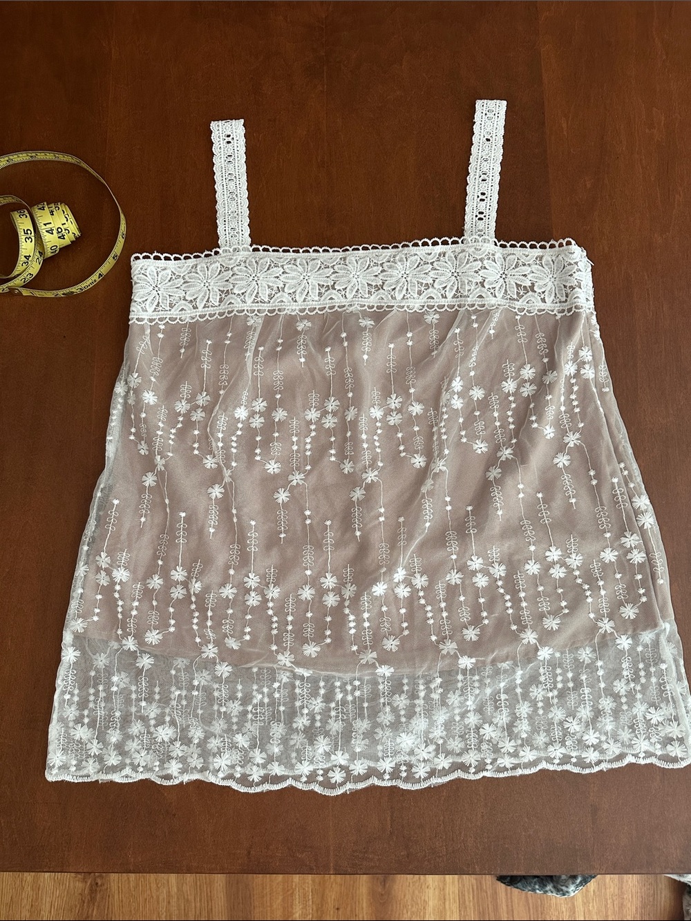 Sheer White Floral Embroidered Lace over tan Cami